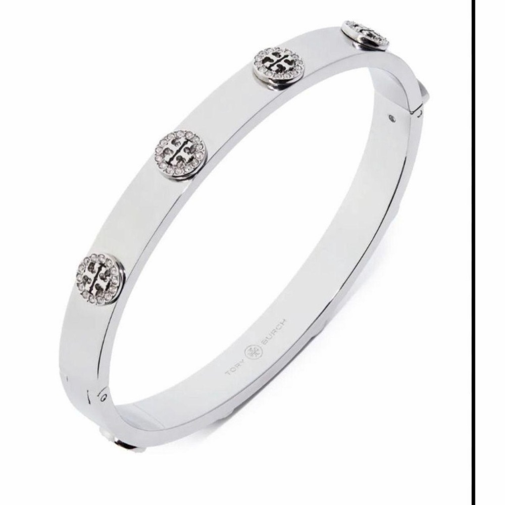 Tory Burch Silver Tone Logo Crystal Medallion Bangle